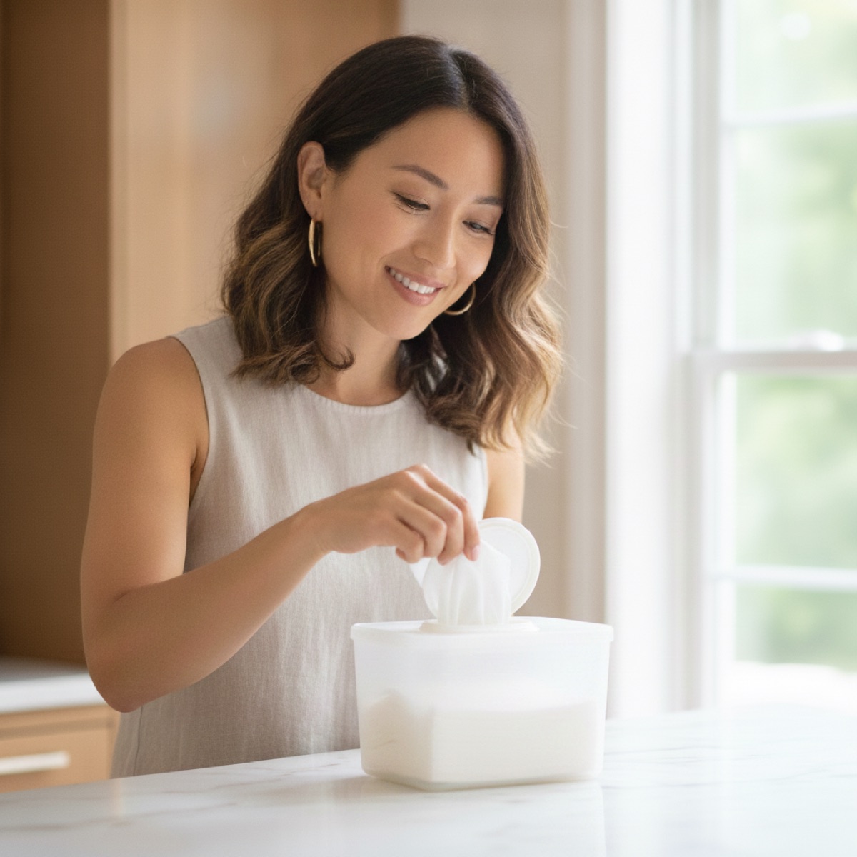 Woman pulling a cooling wipe from a storage container